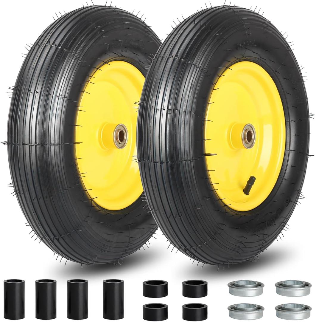 GICOOL 4.80/4.00-8 Wheelbarrow Tire and Wheel, 16" Rubber Pneumatic Wheel, 3"- 6" Centered Hub, 5/8" & 3/4" Bearings, for Hand Truck, Trolley, Garden Cart, Wagons, 2 Pack (Explorer Series)