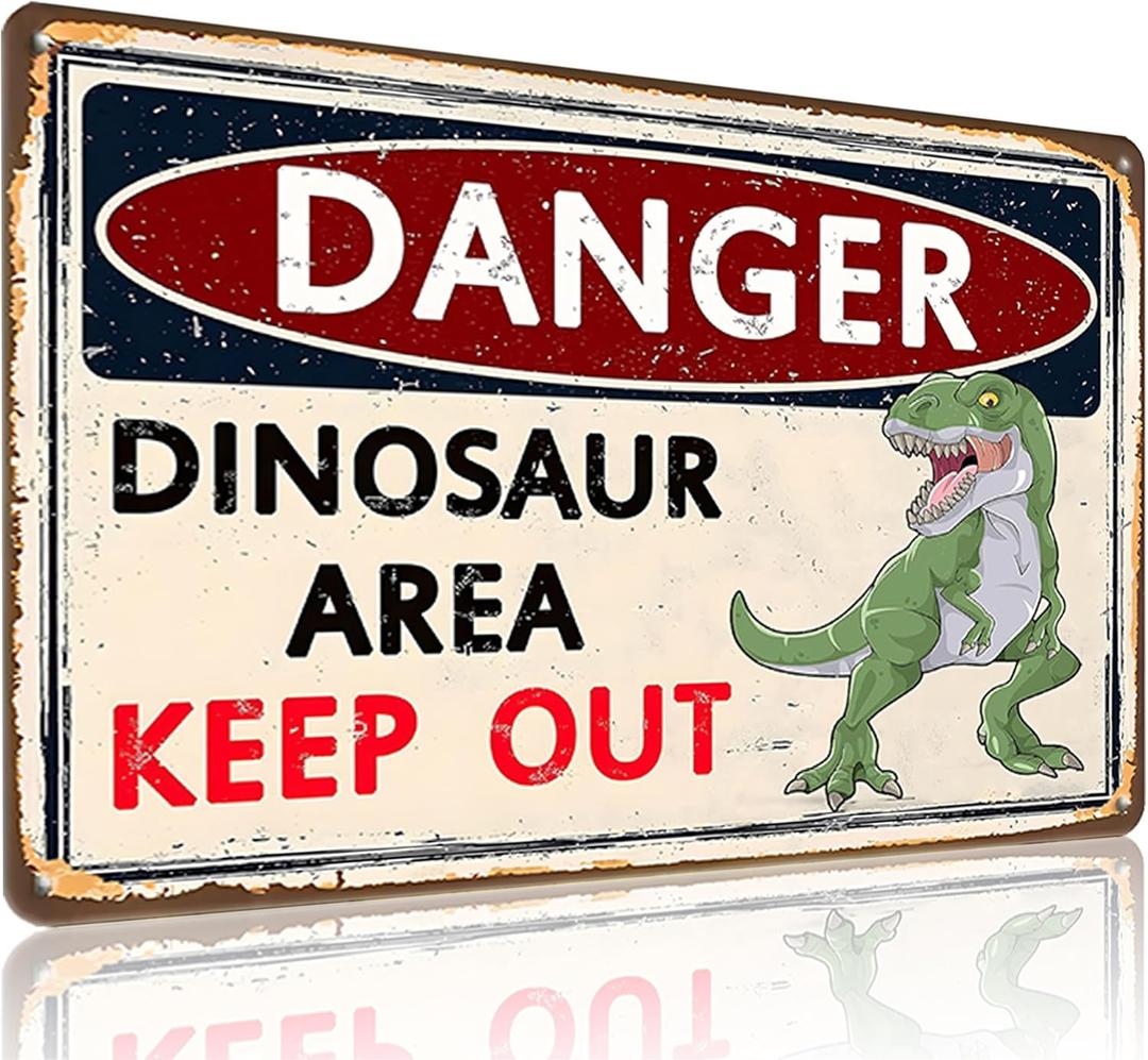Dinosaur Gifts Vintage Dinosaur Sign Danger Dinosaur Area Keep Out Tin Sign for Boys Room Dino Themed Room Nursery Room Dinosaur-Park Decor 8 x 12 inches(3308)