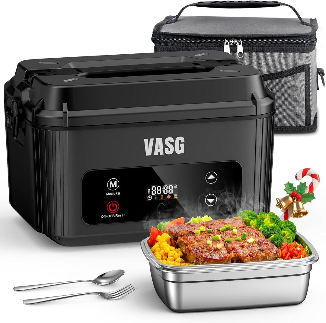 VASG Advanced Cordless Heated Lunch Box for Adults, XXL 5.1-Cup Electric Lunch Box with 360 Surround Rapid Heating, 12000mAh Portable Food Warmer with Timer, LCD Display for Office, Car & Outdoors (Black)