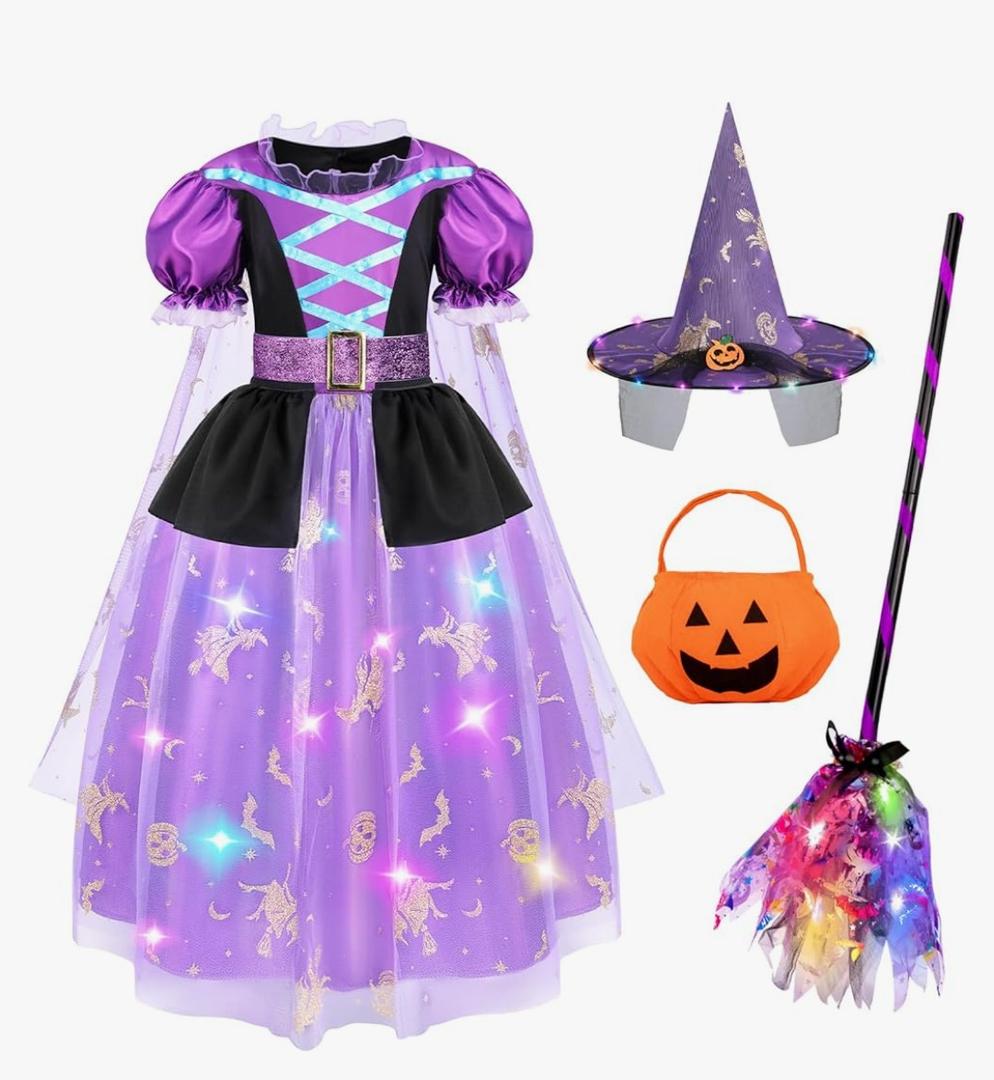 Meland Witch Costume for Girls, Light Up Halloween Costumes for Kids Toddlers 3-10, Witch Dress for Girls Dress Up 5-6Y, M