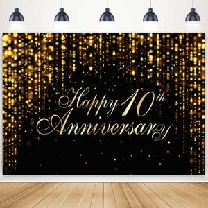 Happy 10th Anniversary Backdrop for Wedding Anniversary Party Decorations Black Gold Bokeh Dots Photography Background Couples Cheers to 10 Years Marriage Love Party Banner Photo Props 7x5ft
