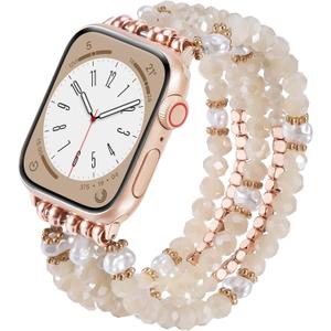MOFREE Beaded Bracelet Compatible for Apple Watch Band 38mm/40mm/41mm/42mm(Series 10) Women,Fashion Handmade Beads Elastic Stretch Strap for iWatch Series 10/9/8/7/SE/6/5/4/3/2/1 Rose Gold
