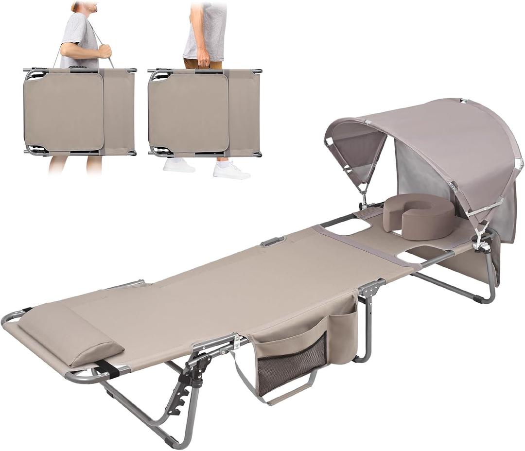 Tanning Chair with Sun Canopy Face Hole Softer Padded Adjustable Washable, Heavy Duty Layout Folding Lounge Chair for Adults Outside Beach Reading Sunbathing Poolside Lawn, UPF 50+ Sun Shade, 300 LBS (Standard Size, Beige)