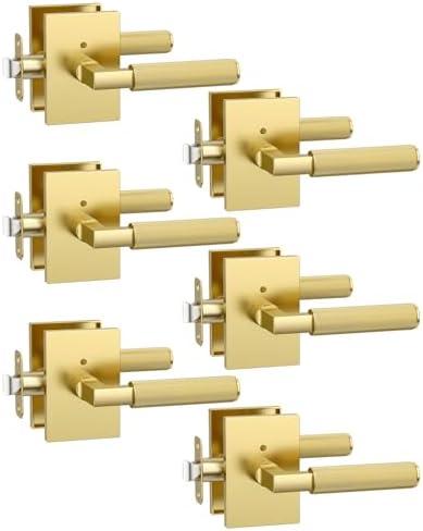 Asidrama 6 Pack Brushed Gold Privacy Door Handles, Door Lever with Door Knobs Indoor for Bedroom or Bathroom, Heavy Duty Door Handles Interior with Locks for Left Right Sided Doors