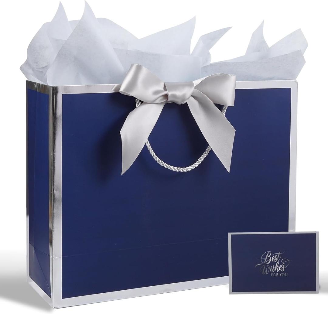 Plauthus Blue Gift Bag with Ribbon, 13" Large Gift Bag with Handle, Greeting Card & 2 Tissue PaperSilver Foil Frame Birthdays, Graduation, Father's Day, Retirements, Anniversaries, Any Occasion