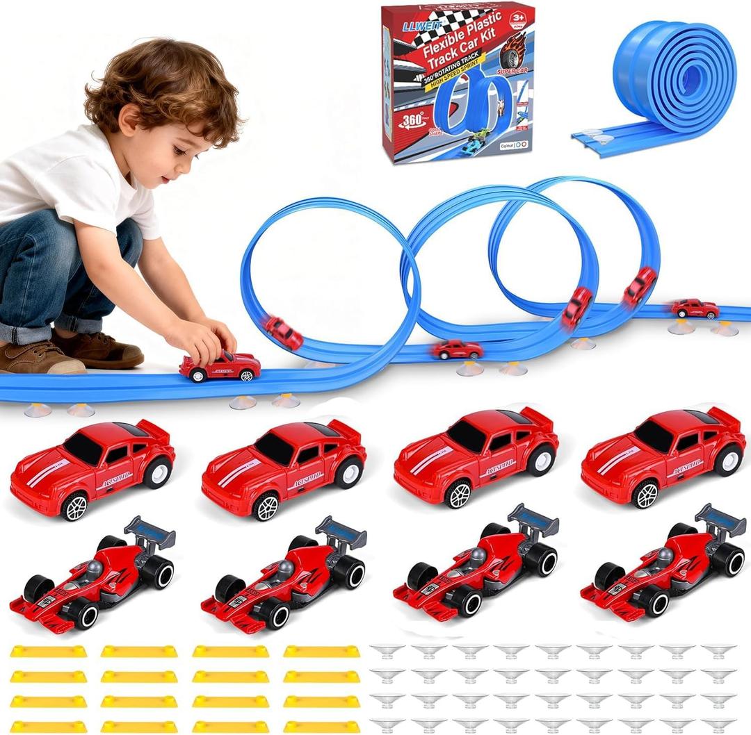 20Ft Extra Long Flex Tracks for Kids,Flexible Race Car Track Set with Powerful Pull Back Cars,Suction Cups Compatible with Diecast 1/64th Car Toy,Rolls Up Portable Race Tracks for Ages 3 & Up