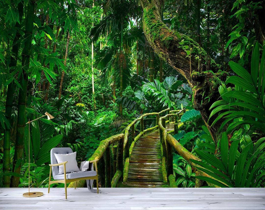 YQWDMX - 3D Green Forest Wooden Bridge Wallpaper for Living Room Sofa Background Wall (Not Peel and Stick) 160" x 112"