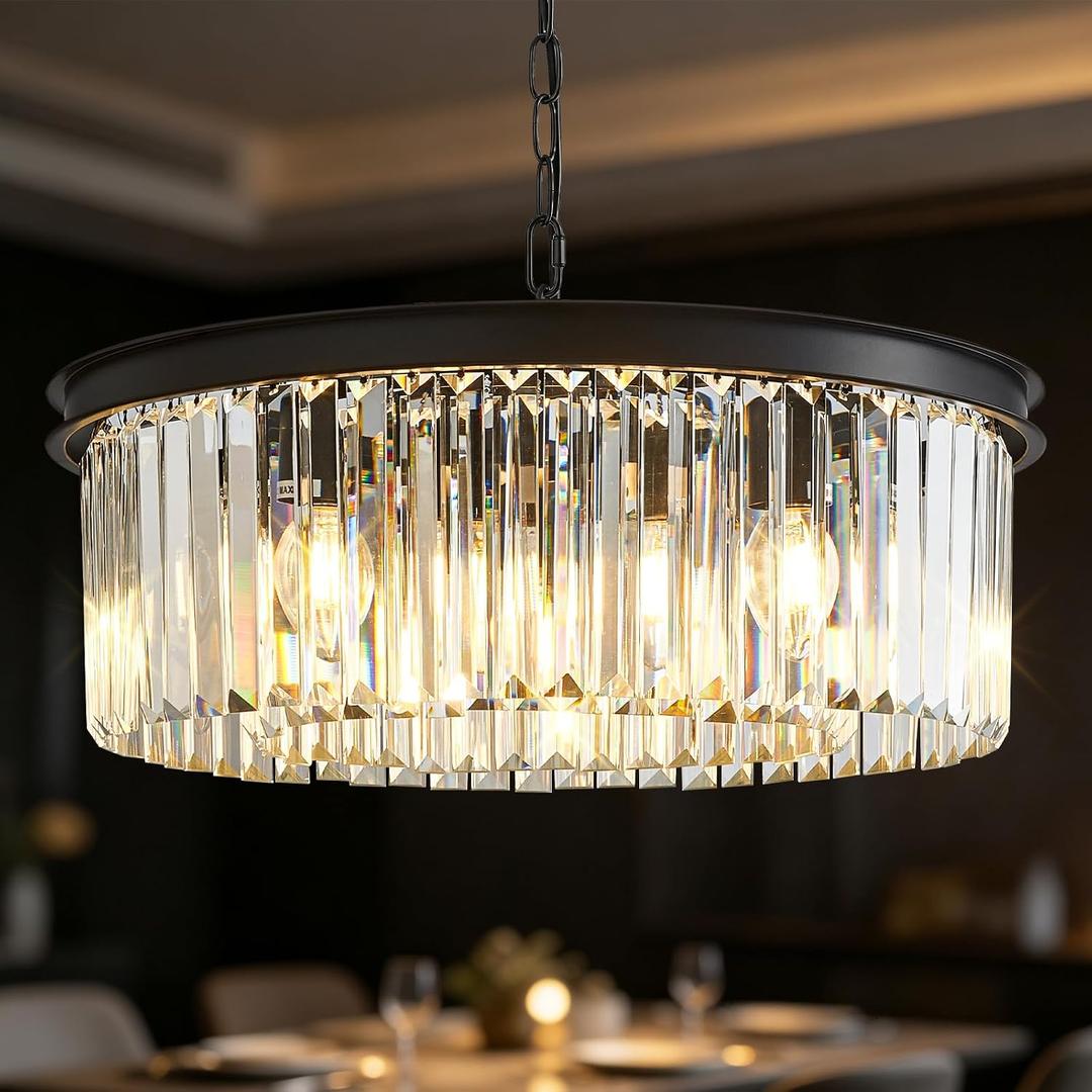 20'' Modern Crystal Chandelier Black Dining Room Light Fixture 8 Light