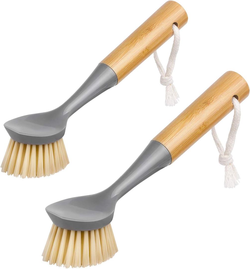 MR.SIGA Dish Brush with Bamboo Handle Built-in Scraper, Scrub Brush for Pans, Pots, Kitchen Sink Cleaning, Pack of 2 (Gray)
