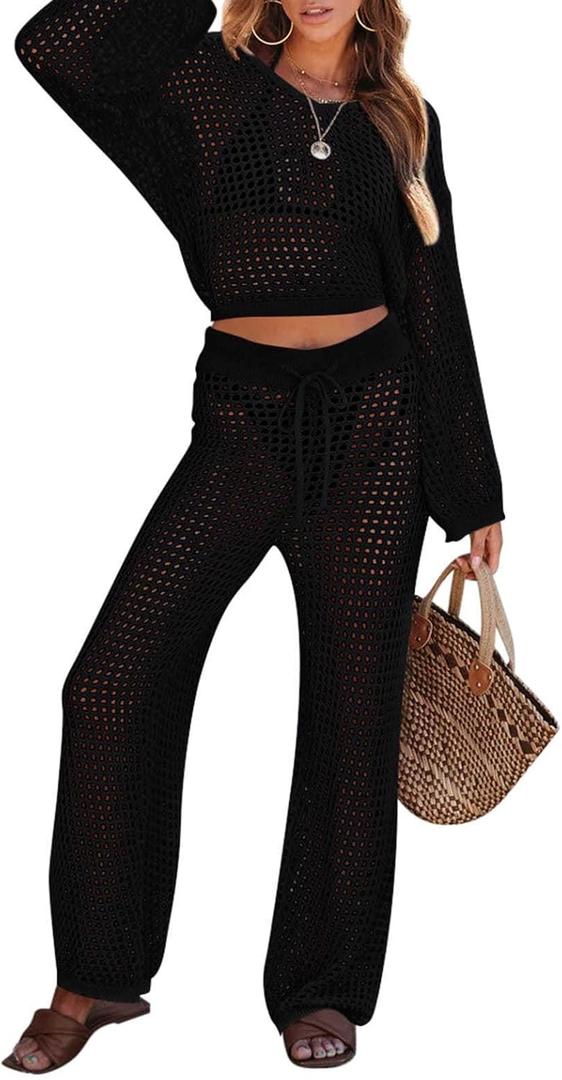Pink Queen Women's Swimsuit Cover Up Set 2 Piece Crochet Long Sleeve Crop Top Wide Leg Pants Beach Coverups Outfits (Medium, Black)