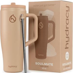 Hydracy Soulmate 40 oz Tumbler with Handle and Flip Straw - 100% Leakproof Reusable Insulated Cup with Stainless Steel Straw - Cupholder Friendly Rubber Base Travel Mug - Cafe Creme