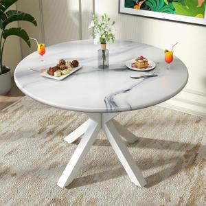 Round Dining Table, 42" Kitchen Dining Table for 4-6, Small Round Table with Metal Cross Legs, Modern Round Dining Room Table for Kitchen, Apartment, Living Room, White Marble