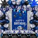 Birthday Decorations for Men Women, Blue and Black Happy Birthday Decorations for Boys Happy Birthday Door Banner, Balloons, Tablecloth Foil Backdrop Star Balloons for Mens Bday Party Decor
