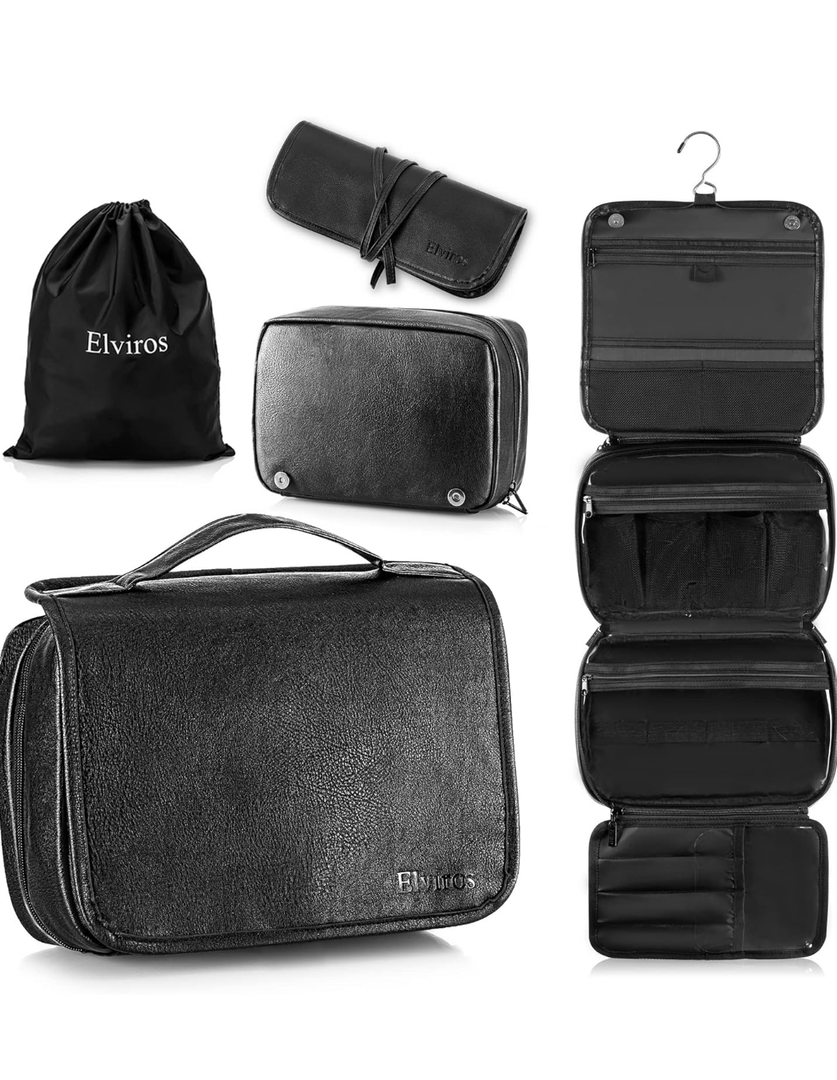 Elviros Hanging Toiletry Bag Removable Travel Bag PU leather Makeup Cosmetic Organizer Kit, Black