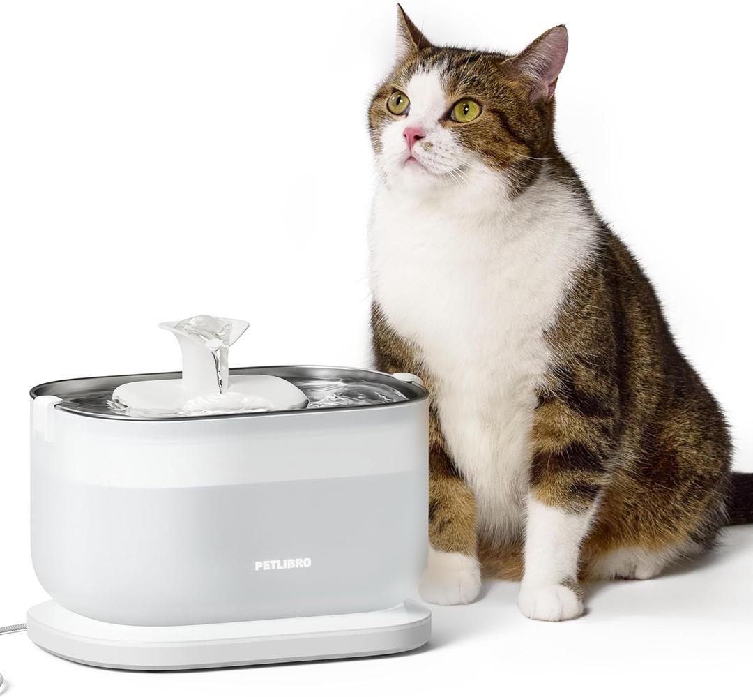 PETLIBRO Cat Water Fountain, Cat Fountain Indoor Stainless Steel Tray, 2.5L/84oz Wireless Pump Pet Water Fountain, Cat Water Dispenser with Two Flow Modes, Pet Fountain for Drinking Easy Clean (White)