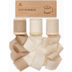 Vitalizart 100% Cotton Ribbon 1-1/2" x 15 Yd Nude Beige Cream Handmade Frayed Fringe Fabric Ribbons for Gift Wrapping Wedding Invites Bridal Shower Bouquets Christmas Decorations