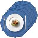 Set of 4 Cotton Linen Placemats, 15x15 Round Scalloped Cloth Table Mats, Embroidery Machine Washable, Wrinkle Resistance Fabric Place Mats for Wedding Summer Baby Shower Party Table Decor-Navy Blue