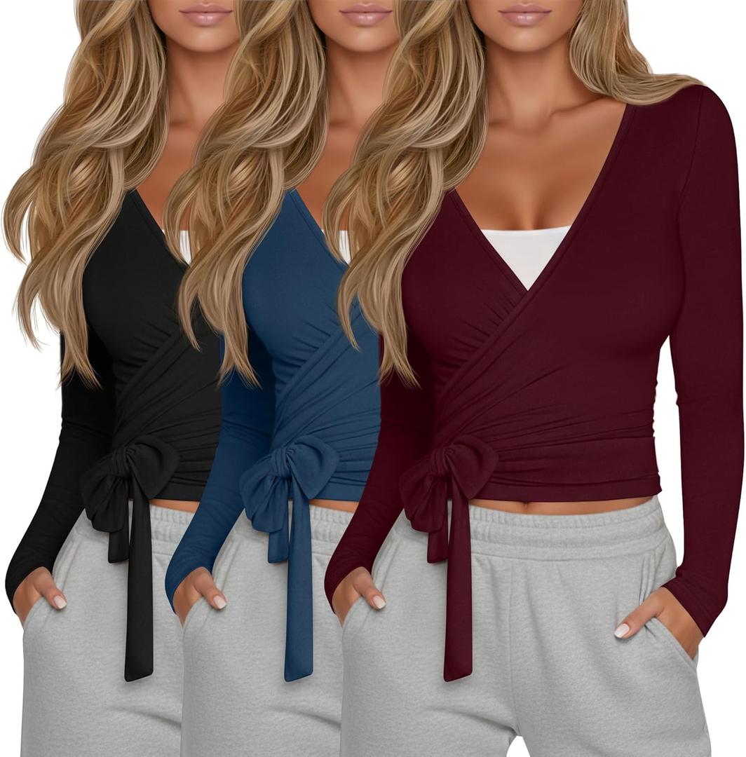 Oakgarden 3 Pack Women's Tie Wrap Tops, Long Sleeve Workout Ballet Yoga Pilates Shirts Deep V Neck Tie Front Y2k Blouses (Black, Navy Blue, Wine Red, Small)