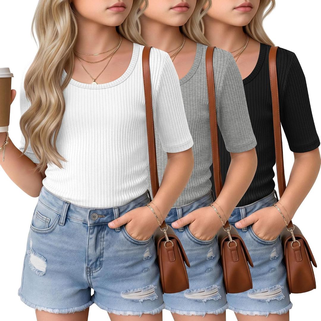 3 Pack Girls Half Sleeve Tops Ribbed Knit Short Sleeve U Neck Shirts 5-14 Years Kids Slim Scoop Neck Basic Tees