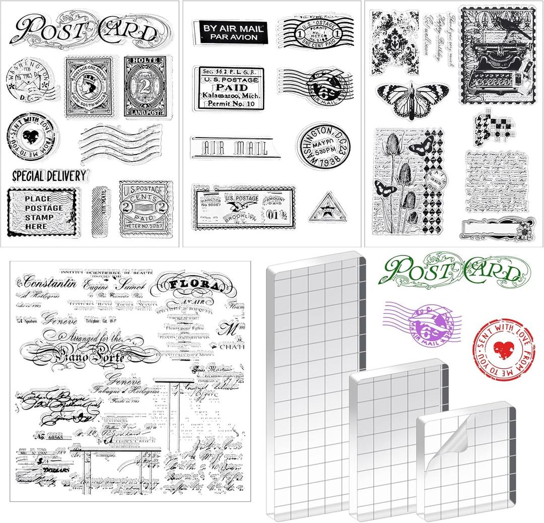 Yinder 7 Pcs Vintage Rubber Clear Stamps Set 4 Sheet Transparent Postage Silicone Stamps 3 Pcs Acrylic Stamp Block Tools with Grid Lines Rubber Craft Supplies for DIY Scrapbooking Journaling