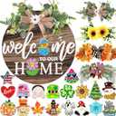 Interchangeable Welcome Sign for Front Door with 4 Seasonal Wreaths and 21 Changeable Icons, Farmhouse Rustic Outdoor Welcome Signs Porch, Holiday Spring Summer Winter Fall Decorations for Home Gifts