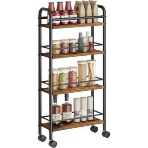 Slim Storage Cart, 4-Tier Narrow Rolling Cart with Handle, 5.9 Inches Deep, Slim Bathroom Shelf for Small Spaces, Kitchen, Dining Room, Living Room, Bathroom, Laundry Room, Rustic Brown