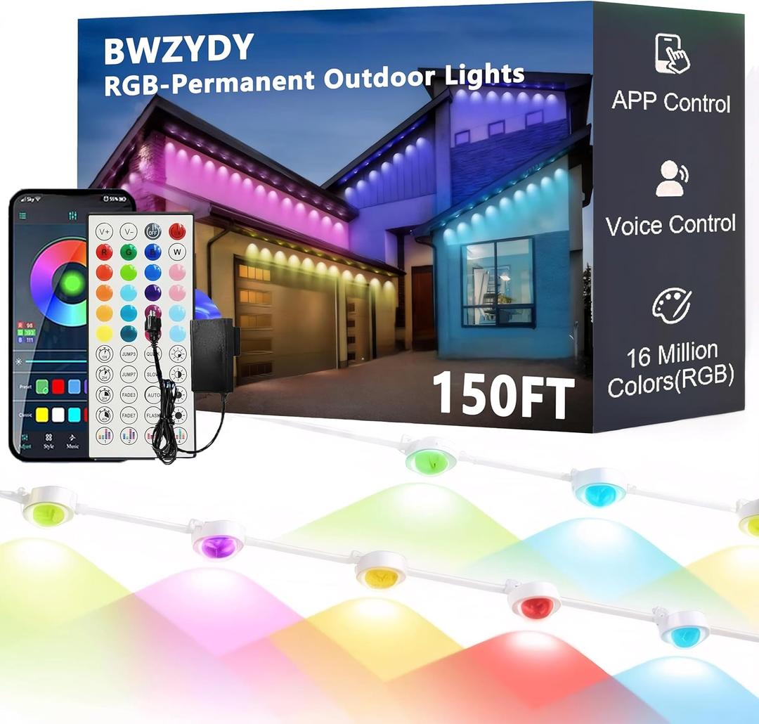 Permanent Outdoor RGB Lights,Waterproof Smart LED Eaves Lights with App/Remote Control,DIY IP67 Waterproof for Christmas and All Holiday Decor,House Roof and Garden Lighting (150FT)