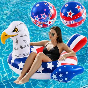 4th of July Eagle Pool Float with 2 Beach Balls, 45'' Giant Patriotic Floaties Swimming Tube Rings for Adults, 250th Anniversary Flag Design, Eagle Floating Raft for Independence Day Decor