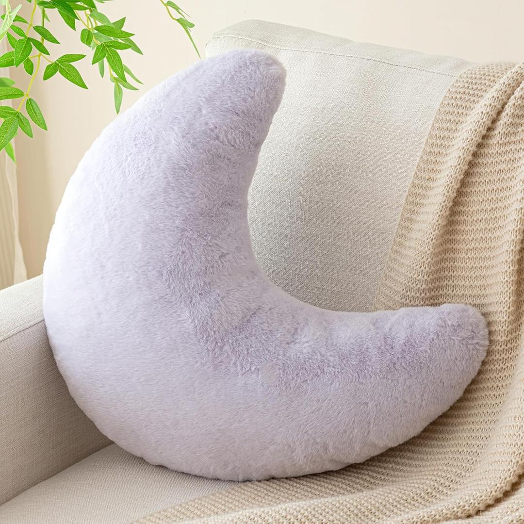 Moon Pillow, Decorative Throw Pillows with Soft Faux Rabbit for Bed Couch, Moon Shaped Pillows Plush Floor Cushions Room Decor Pillow for Sofa Bedroom Living Room (15 Inches, Lavender Purple)