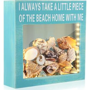 Juexica Seashell Holder with Light Display Box Room Decor Ocean Themed Gifts for Christmas Display Case Sea Shells Beach Coastal Decor Acrylic Wall Hanging (Blue,Beach)
