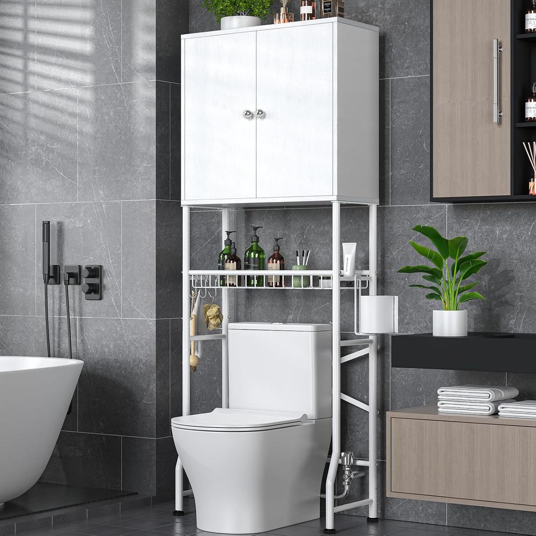 Over The Toilet Storage Cabinet - 2-Door Design Bathroom Organizers Shelf, Freestanding Space-Saver Above Toilet Storage Cabinet with Privacy Protection Rack, Water-Resistant Toilet Shelves (White), Large