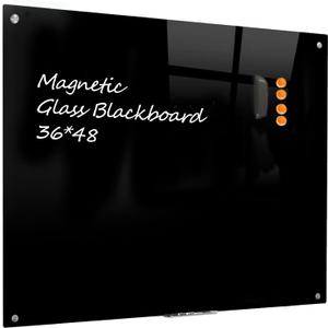 Glass Black Board Magnetic Dry Erase Board - Black Board 48 x 36 Inches Wall Mounted Glass Blackboard, Large Frameless Glass Black Board for Wall Office, Home & School