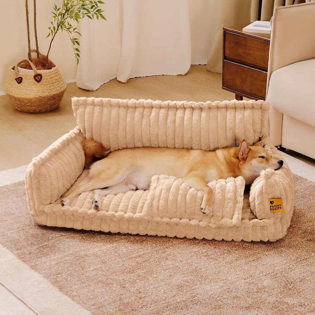 FUNNY FUZZY Dog Bed for Medium Large Dogs - Orthopedic Pet Beds, Fluffy Dog Sofa with Removable Washable Cover, Supportive Foam Pet Couch Bed - Snoozy Dream, Camel, XL