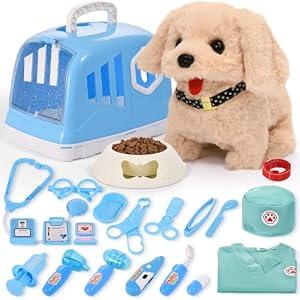 24Pcs Dog Toys for Kids Doctor Kit, Walking Barking Electronic Interactive Stuffed Dog Vet Kit Costume, Puppy Pet Care Veterinarian Set, Doctor Play Gifts for Kids Girls 3 4 5 6+ Year Old(Blue)