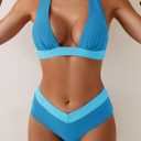 B2prity Women Halter Bikini Sets Sexy Deep V Neck Two Piece Swimsuits Color Block Bottom (Blue, L)