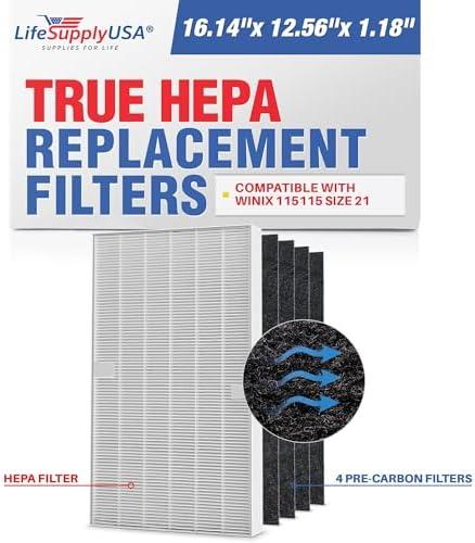 115115 HEPA Filter A Replacement + 4 Carbon Pre-Filters for C535, 5300, 5300-2, 5500, 5500-2, 6300, 6300-2, P300, AM90, C909, 9800 For Winix Air Purifier Filter Replacement Size 21 by LifeSupplyUSA. 4 PACK 115115 HEPA Filter A Replacement + 4 Carbon Pre-Filters for C535, 5300, 5300-2, 5500, 5500-2, 6300, 6300-2, P300, AM90, C909, 9800 For Winix Air Purifier Filter Replacement Size 21 by LifeSupplyUSA. 4 PACK