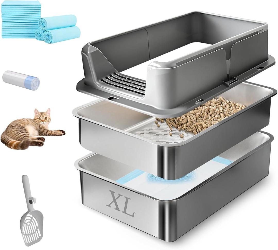 Stainless Steel Sifting Litter Box, 24" x 16" x 12" Extra Large Metal Sifting Cat Litter Box for Pine Pellet, High Sides Metal Litter Box with Lid for Big Cats, Anti-Leakage(Grey)