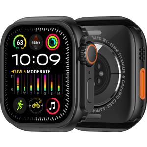 amBand 3 in 1 Metal Case Compatible with Apple Watch Series 9/8/7 45mm, W1 Protector Rugged Bumper with Watch Crown + Back Cover, Black