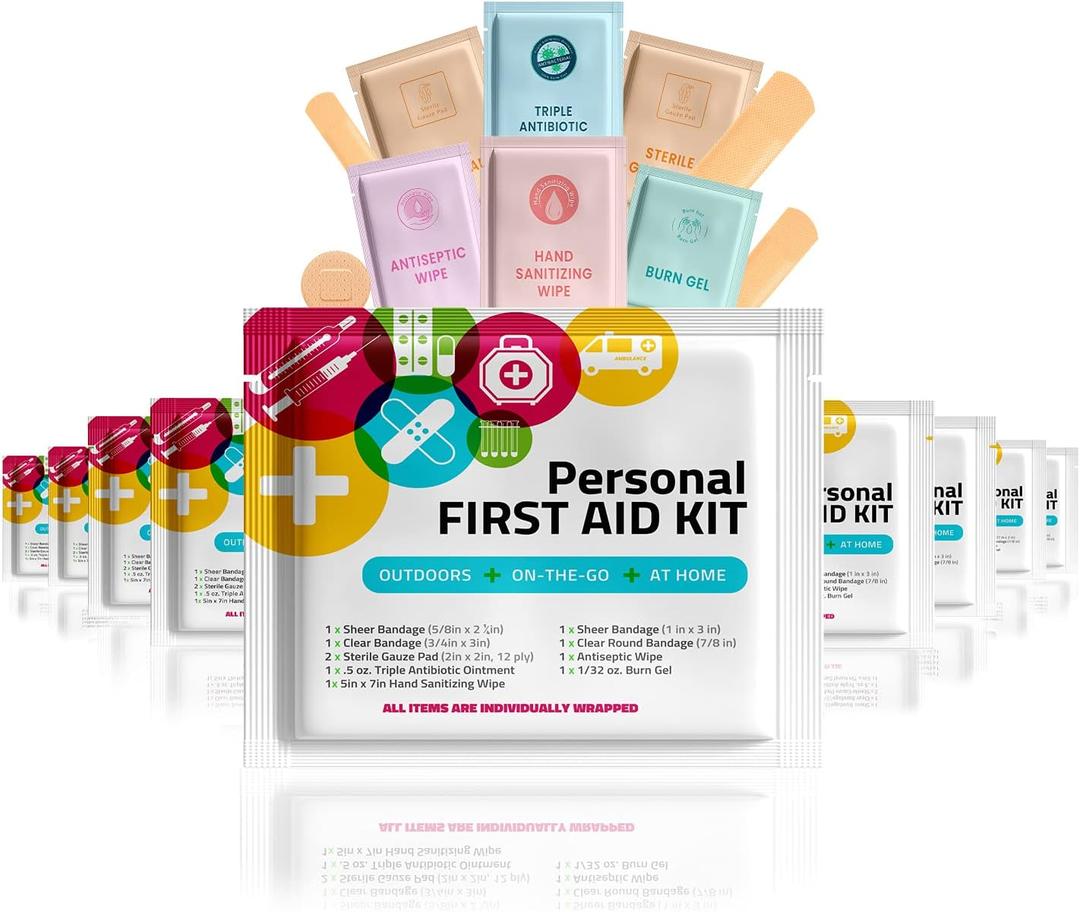 Personal First Aid Kit- 10 PACK | Clean, Treat, Protect Minor Cuts, Scrapes and Burns | Perfect for Home, Office, Car, School, Business, Camping | Individually wrapped First Aid Products (Multi-Color)