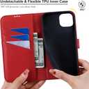 VISOUL Real Leather Wallet Case for iPhone 15, Pebbled Leather Magnetic Folio Case with Card Holder Kickstand Shockproof Phone Cover Designed for iPhone 15 (6.1 inch)-Black+Red