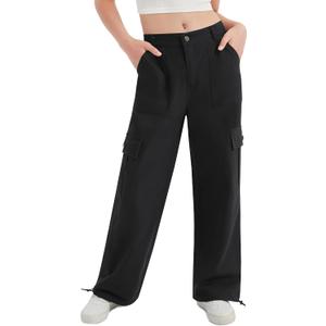 EXARUS Girls Jeans Cargo Denim Teen Hiking Pants Wide Leg Straight Baggy Elastic High Waistband Pockets Kids 8-14 Years (Black)