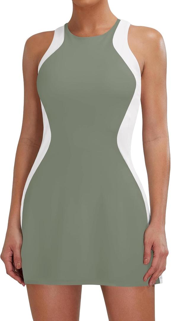 Blooming Jelly Women Tennis Dress Casual Athletic Color Block Outfit Racerback Built in Bra Golf Separate Shorts with Pocket (Small, Green)