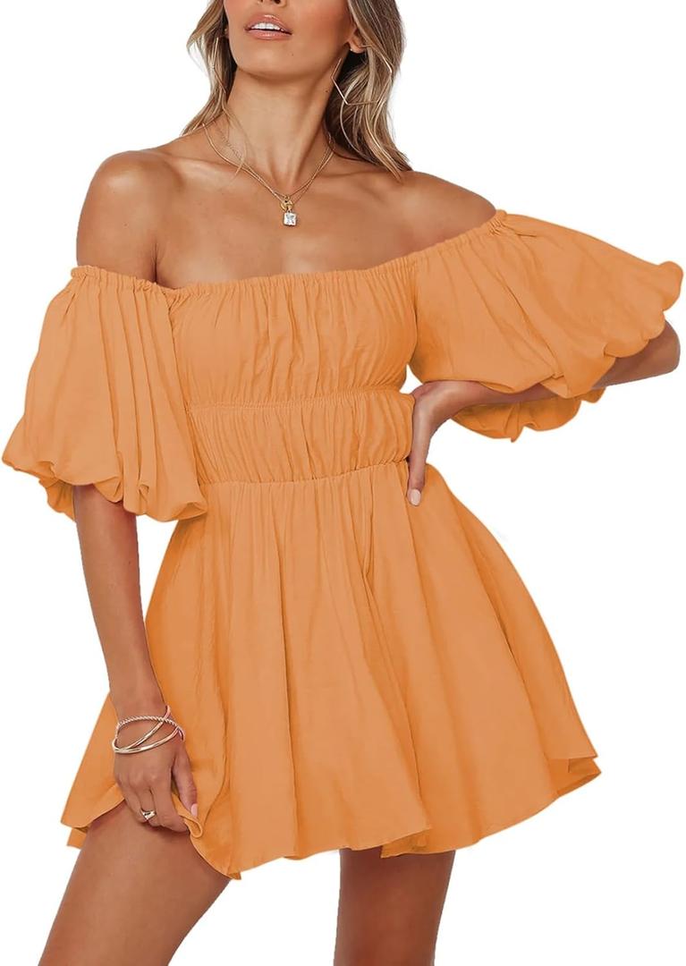 Dokotoo Womens Off The Shoulder Summer Dresses 2026 Short Lantern Sleeve Ruffle Elastic Waist A-Line Casual Mini Dress