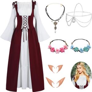 Renaissance Costume Women Medieval Fairy Elf Irish Dress Adult Halloween Costumes Viking Chemise with Accessories (XL)
