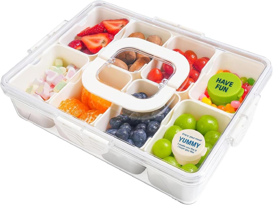 Snackle Box Container, 8-Compartment Divided Serving Tray with Lid & 2 Dip Cornus, Portable Snack Tray & Christmas Charcuterie Container for Parties, Road Trips & Airplane Snacks
