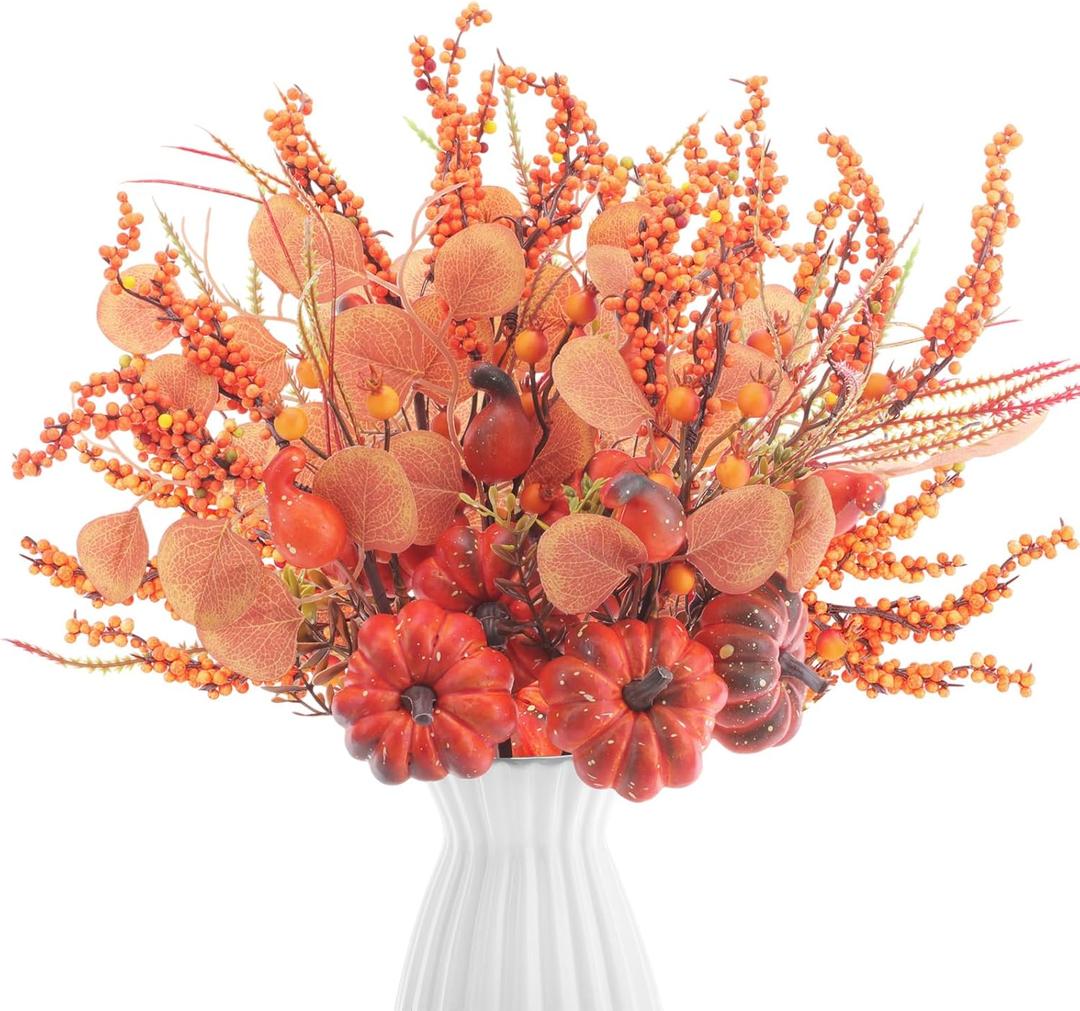 6 Pcs 19.6" Artificial Thanksgiving Pumpkin Picks Autumn Harvest Floral Pumpkin Stems Fall Table Centerpieces for Thanksgiving Wedding Home Table Vase Decor(Eucalyptus)