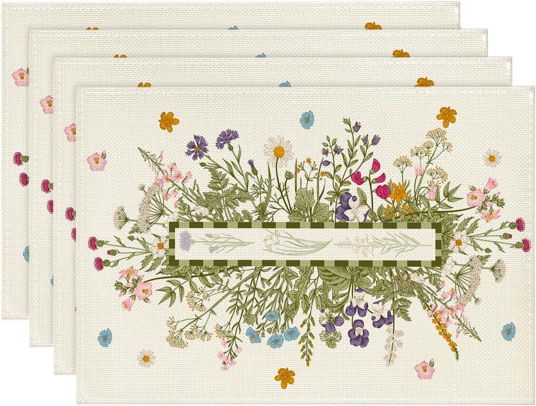 Artoid Mode Vintage Wild Flowers Daisy Spring Placemats Set of 4, 12x18 Inch Seasonal Summer Holiday Table Mats for Party Kitchen Dining Decoration (Beige)
