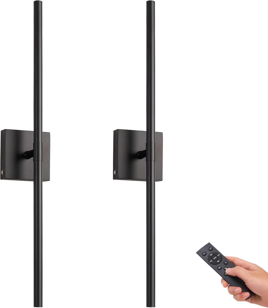 Battery Operated LED Wall Sconces Set of Two, 25" Wireless Dimmable Black Wall Lights with Remote Control, 3 Color Stepless Dimming 360 Rotate Wall Lamp for Living Room Bedroom Stairs Hallway