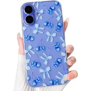 NITITOP Compatible with iPhone 16 Case Cute Clear Cherry Bowknot Design for Women Girls Bow Ribbon Soft Fit Slim Stylish Anti Yellowing Protective Phone Cover - Blue