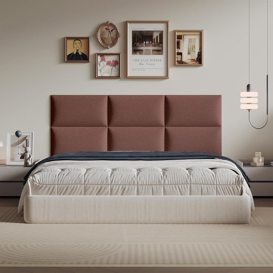 9-Piece Light Brown Upholstered Headboard Queen Size, Tufted Linen Headboard Wall Mounted, Warm Fabric for Inviting Bedroom